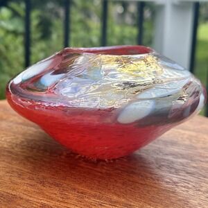Red Gold Art Glass Vessel Vase  End of Day Made In Poland Signed Unique